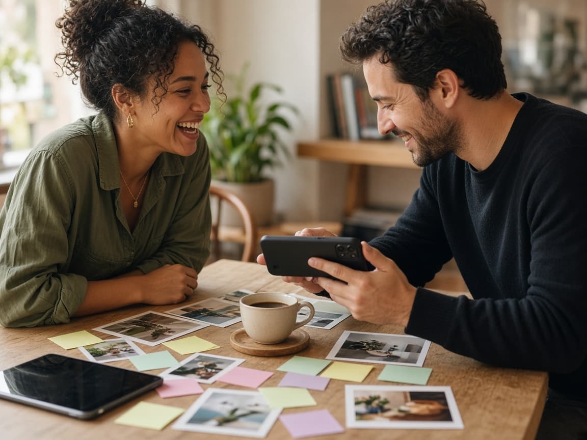 Planning social media content with a client over photo samples and sticky notes